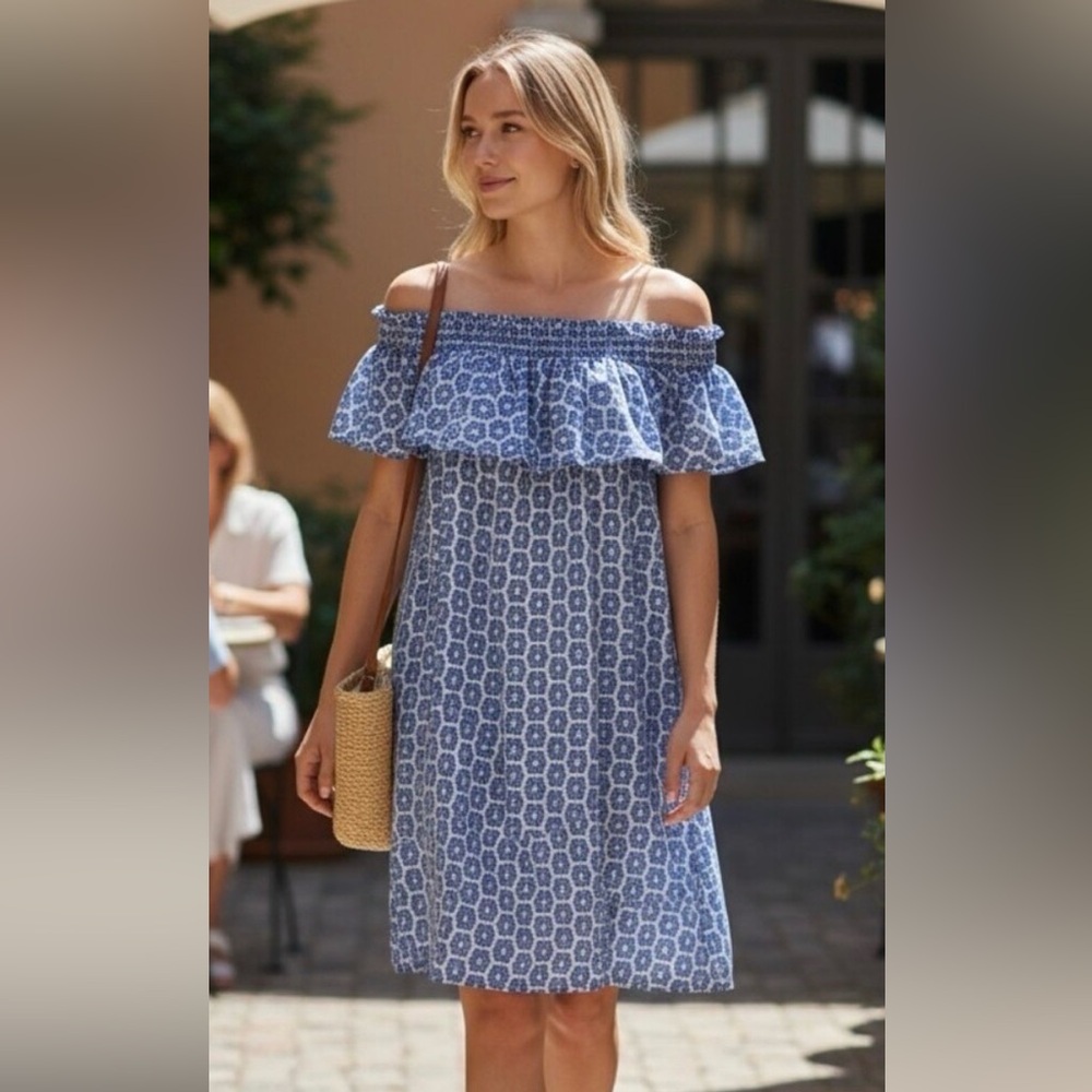 Vineyard Vines Blue Tile Print Off-the-Shoulder Cover-Up Dress/ swim XS